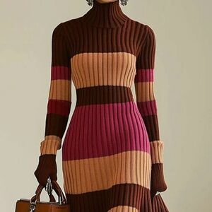 Pink and Brown Ribbed Turtleneck Bodycon Dress